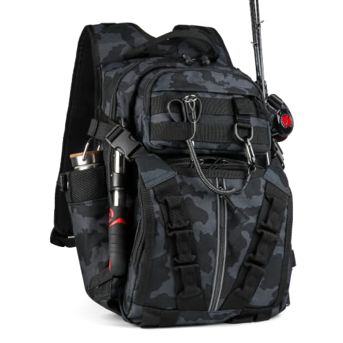 Fishing Backpack with Rod Holder (Black Camo)