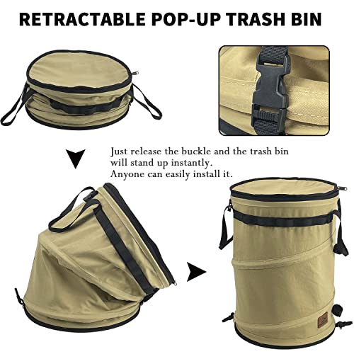 Pop Up Storage Bin Collapsible Trash Can Recycle Container Reusable Utility Bag with Zippered Lid for Camping (khaki color)