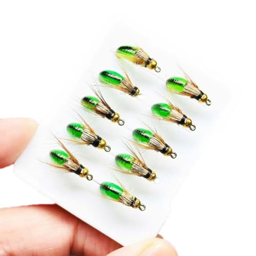 10Pc Wet Flies Bait Fly Fishing Flies for Bass Trout Pike Salmon Brass Head Caddis Nymph Handmade Fishing Bait Artificial Insect Fishing Lure (Green)
