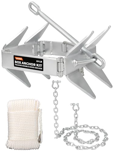 19 LB Box Anchor Kit with 100 FT Nylon Rope & Anchor Chain (19 LB - for Boats Up to 32 FT)