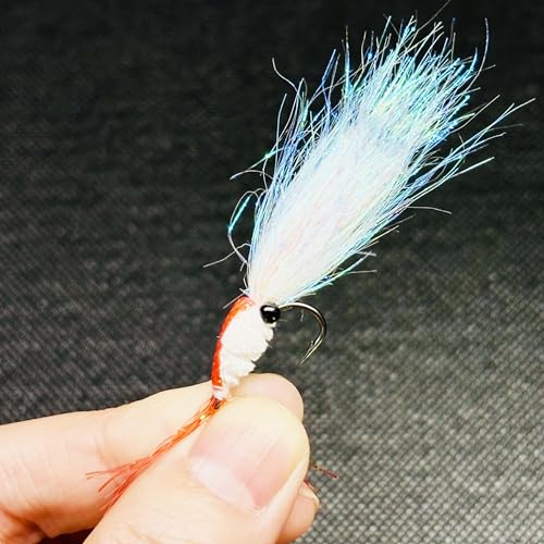 8Pc Bionics Crystal Flash Silk Shrimp Artificial Lures Fly Fishing Flies Saltwater Freshwater Bait Fishing for Bass Trout Salmon Hook Size #6 (Red)