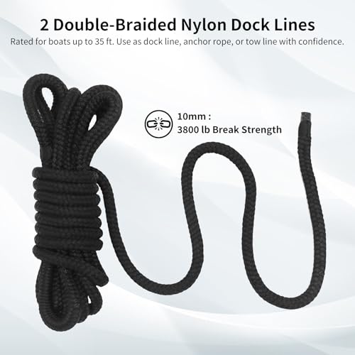 4 Pack 3 8in x 20ft Double Braided Nylon Dock Lines Boat Ropes for Docking with Loop Marine Grade Mooring Lines with 12” Pre (Black / 3/8in x 20ft(4 Pack))