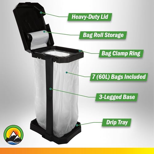 Heavy Duty Black Trash Bag Portable Trash Bag Holder Stand with 7 Bags (Heavy Duty Black)