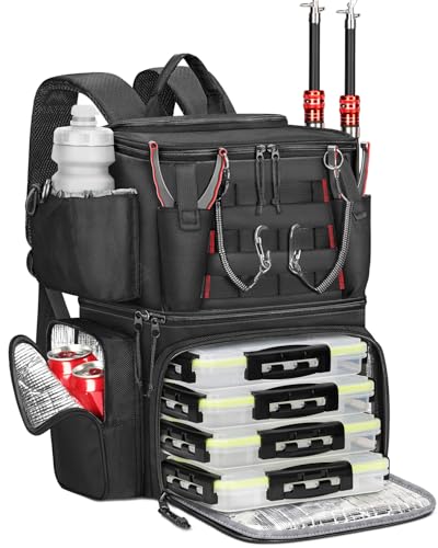 Fishing Backpack with 4 Tackle Box (Black)