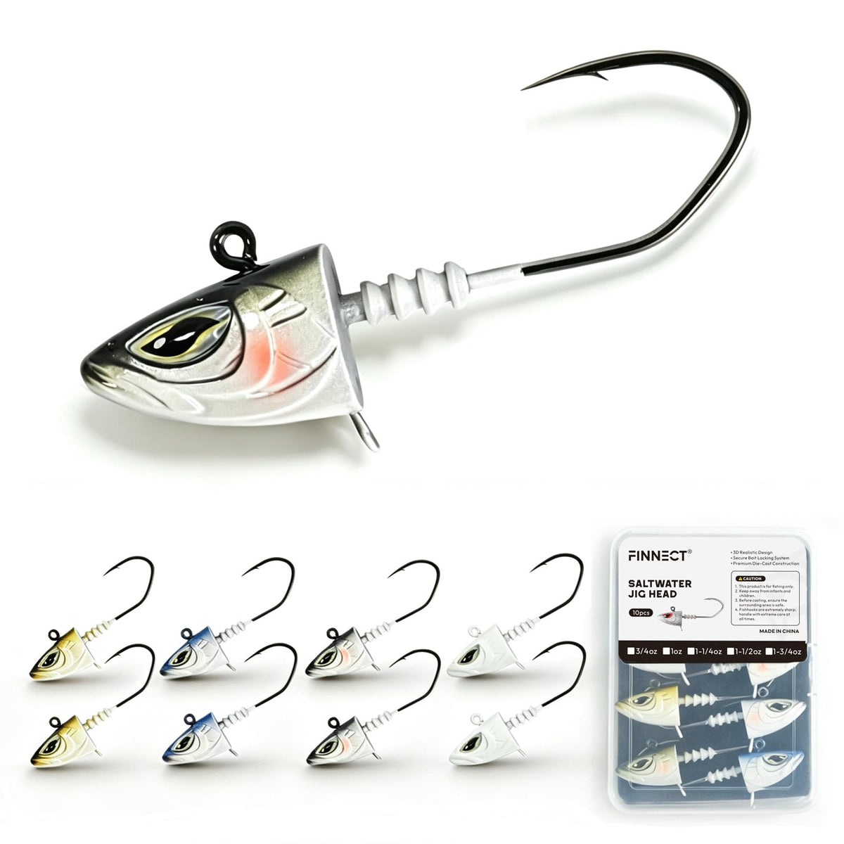 10Pcs Saltwater Jig Heads with Lifelike Finish (5 Colors Set / 1oz - 10Pcs)