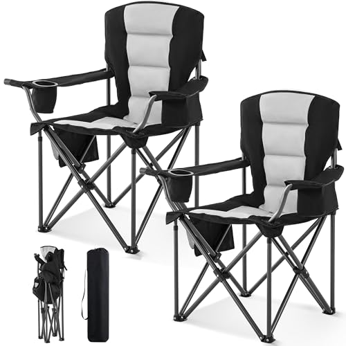 Portable Padded Camping Chair for Adults Heavy Duty 450LBS Thick 600D Oxford Fabric Outdoor Oversized Camping Chairs with Cup Holder and Ice Bag for Sports