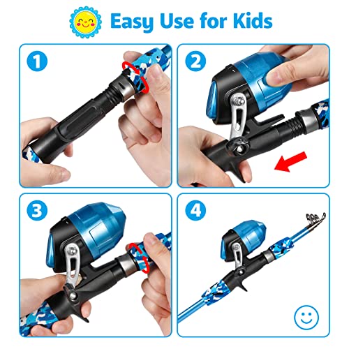 Kids Fishing Pole with Spincast Reel Telescopic Fishing Rod Combo Full Kits for Boys (Blue / 4FT / 1.2M)