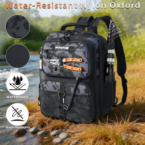 Fishing Backpack with Tackle Boxes & Lures Kit Lightweight 25L Tackle Bag with Fishing Gear and Rod Holder (Khaki Camo Backpack)