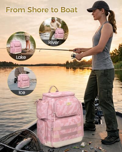 Pro Pink Fishing Backpack for Women with 4 Trays & Rod Holders (Pink Camouflage)
