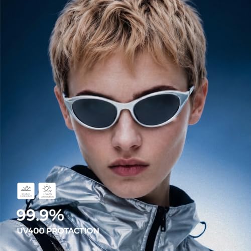 Cat Eye Polarized Wrap Around Sports Sunglasses for Men Women UV400 Protection Running Cycling Mountain Bike Baseball Sun Glasses (Matte Silver 1009)