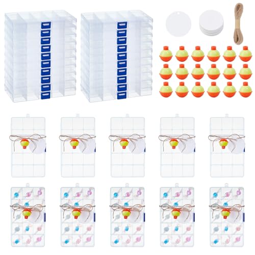 30 Sets Fishing Party Favors Candy Little Tackle Boxes with 30 Fishing Bobber 30 Blank Cards 20M Jute Twine Fishing Party Decorations Gone Fishing Theme Supplies (15 Compartments (Removable))