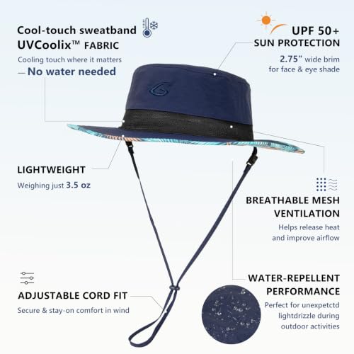 UvCoolix™ Cooling Sweatband Bucket Sun Hat Wide Brim UV Protection Outdoor Beach Hiking Lightweight Breathable Waterproof Boonie Extra Space for Large Heads (X-Large-XX-Large / Navy-palm)