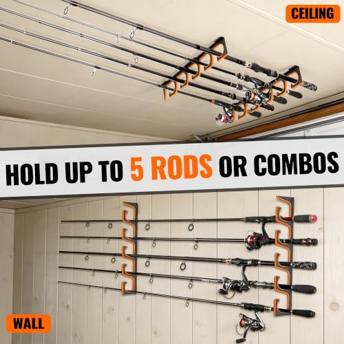H5P Fishing Rod Holders for Garage Wall (Orange / 2 Pack holds up 10 rods)