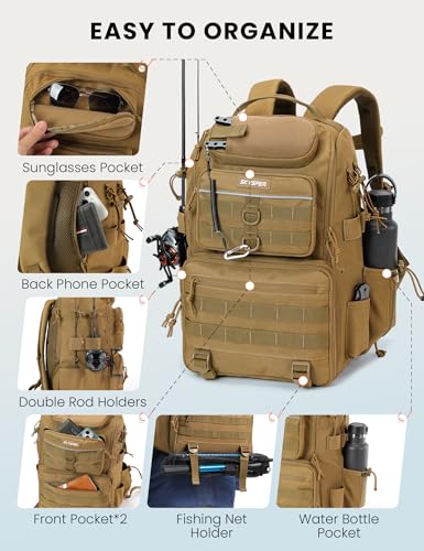 Tackle Backpack Fishing Bags with Rod Holder (Khaki)