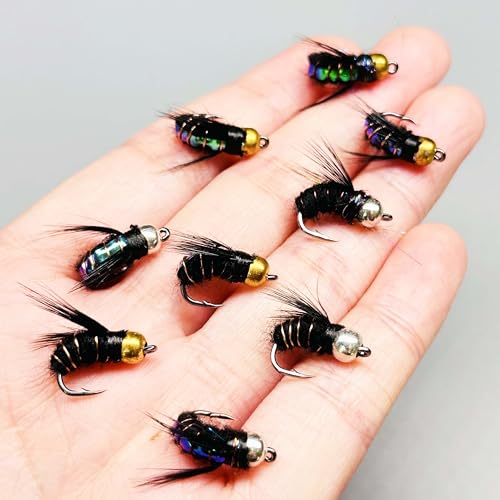 10Pc Fishing Lure #8 Bright Colors Brasshead Bionics Humpy Fly Nymph Wet Flies Insect Bait Pike Trout Salmon Bass Fly Fishing Flies (Black)