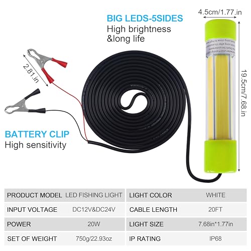 Underwater Fishing Light 20W 16000 Lumens 12V Super Bright LED Submersible Fish Bait Finder Lamp Deep Drop Night Fishing Attracting Light for Snook Crappie Squid Shrimp Prawns Boat Dock (White)