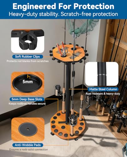Fishing Rod Holder Pole Rack for Garage with Wheels (Red Oak Grain)