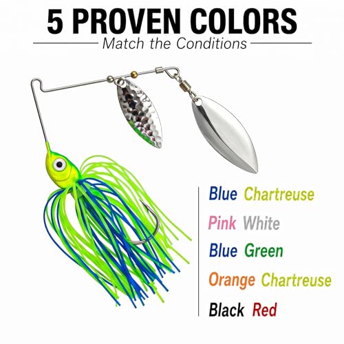 Fishing Spinner Lures (multi color 5pk(pnk,yellow,green, blue, red))