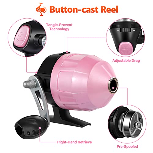 Kids Fishing Pole with Spincast Reel Telescopic Fishing Rod Combo Full Kits for Boys (Pink / 5FT / 1.5M)