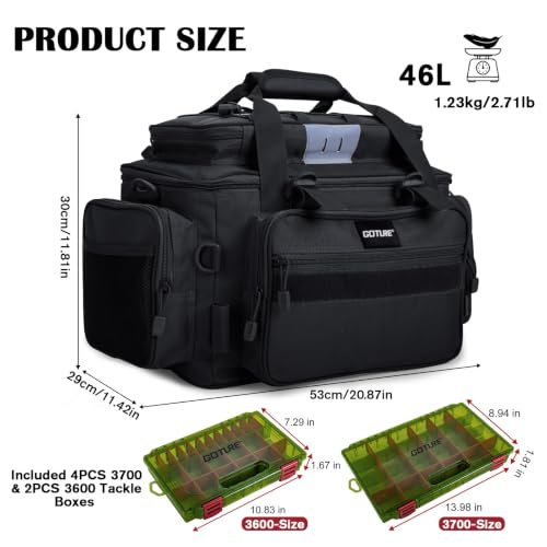 Fishing Tackle Bag with 4PCS 3700 & 2PCS 3600 Tackle Boxes (C3:Black with (4)3700&(2)3600 Tackle Boxes / Large)