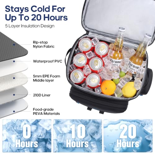 Backpack Cooler Insulated Leakproof 50Cans Lunch Ice Chest Bag Double Deck (Black)