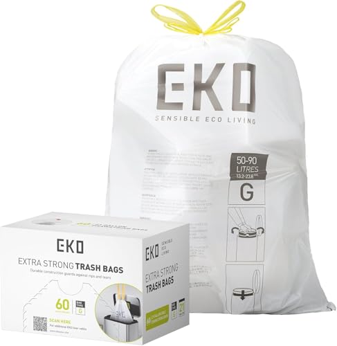 21 Gallon / 50-90 Liter, 60 Count Drawstring Trash Bags, Extra-Strong Unscented Garbage Bags, Easy-Dispense Roll for Kitchen & Household Use, Code G, White (60 Count (Pack of 1) / 21 Gallon Bags/Code G)