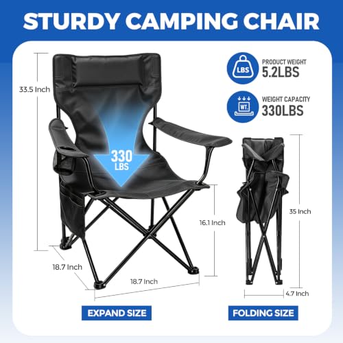 Camping Chairs 2Pack Beach Outdoor Chair for Adults Folding Lawn Chair with Cup Holder (Black)