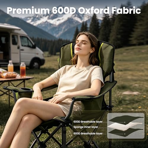 Portable Camping Chair for Adults Heavy Duty 450LBS Thick 600D Oxford Fabric (Black & Green)