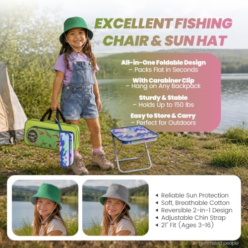 Kids Fishing Pole (Pink & Green / 3.94-ft Set + Chair + Hat)