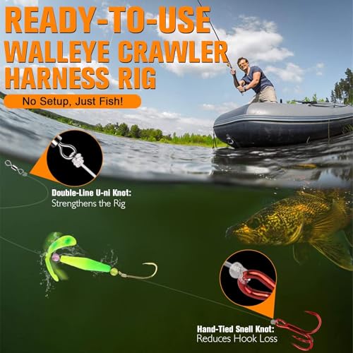 Crawler Harness Walleye Rigs with Dual (Gold+Red Baitholder-#4 + Treble Hook-#8)