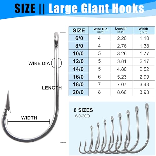 Large Giant Shark Hooks Saltwater Alligator Hooks Big Game Stainless Steel J Hooks Large Sea Fishing Hooks Extra Strong Fish Hooks for Shark Swordfish Tuna Catfish Size 6