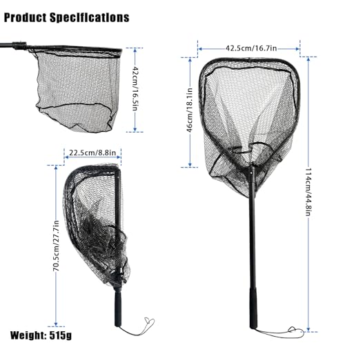 Large Fishing Net （44.8in） with Telescoping Handle Folding Fish Trout Net Landing Net Catfish Kayak Fishing Gifts for Men (XWJ-02)
