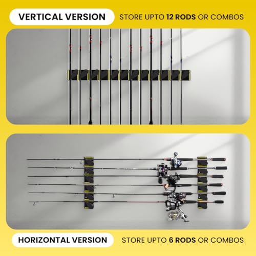 Wall Mounted 2 Pack Veritcle Fishing Rod Holder Holds Up to 6 Rods or Combos up to 12
