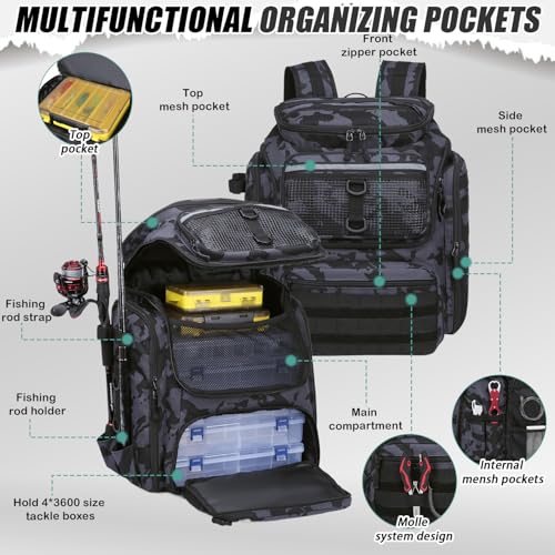 45L Fishing Backpack with Rod Holders & Built (Black and Blue CM)