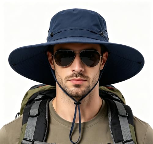 Fishing Sun Hat for Men UPF 50+ Wide Brim Boonie Hats for Summer (Navy Blue)