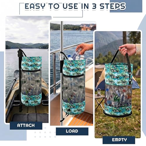 Portable Boat Trash Bag Boat Accessories Container Outdoor Medium Hoop Mesh Trash Bag Reusable Garbage Container Cabin Storage for Men Women Kayak Camper Fishing (Green / Hawaiian)