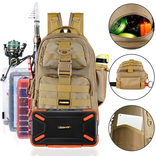 Fishing Backpack Tackle Bag (Khaki Fishing Backpack With 2 Boxes (No Rod))