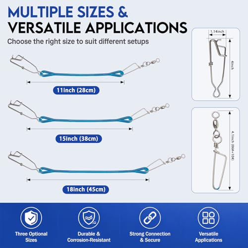 Downrigger Weight Snubber with Ball Bearing Swivel and Snap (11 Inch-4PCS / Blue(W ball bearing & trolling snap))