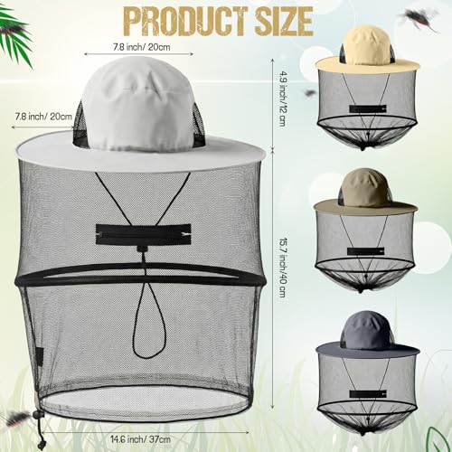 4 Pcs Mosquito Net Hat Sun Hat Mesh Fishing Bucket Cap Garden Bug Cap Face Cover with Zipper for Men Women (Light Gray, Beige, Dark Beige, Dark Gray)