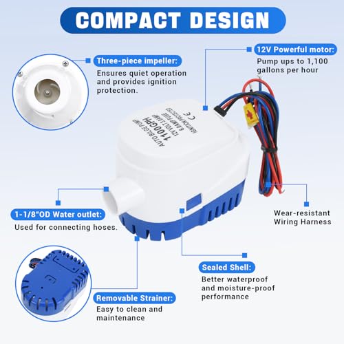 1100GPH 12V Automatic Boat Bilge Pump Kit (Automatic)