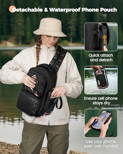 Womens Fishing Sling Bag with Phone Pouch (Black-pink / 14.1 X 8.7 X 5.7 inches)