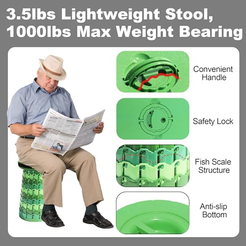 Upgraded 19.7"Portable Collapsible Folding Stool with Cushion Retractable Telescoping Foldable Stool for Adults Heavy Duty Camping Sturdy with Max Load Capacity 1000lbs for Outdoor Fishing Hiking BBQ (Bamboo / XX-Large)