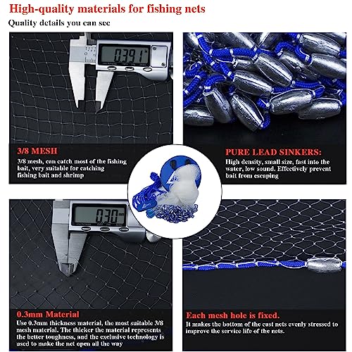 3 8 Saltwater Fishing Cast Net for Bait Trap with Heavy Lead Sinkers Fish Throw Net. Size 3ft (7FT (210cm) Radius / Lead Sinkers-3/8mesh-0.3mm Mono)