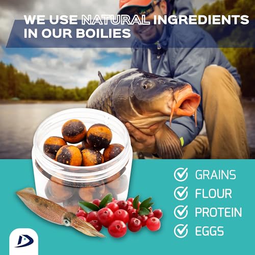 20pcs, 20mm, Squid-Cranberry Natural Premium Soluble Duo Boilies | Carp Fishing Bait (Squid-Cranberry)
