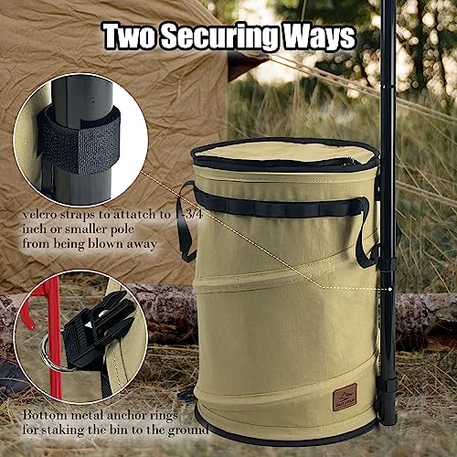 Pop Up Storage Bin Collapsible Trash Can Recycle Container Reusable Utility Bag with Zippered Lid for Camping (khaki color)