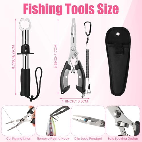 3 Layers Fishing Tackle Box 414 Pcs Fishing Gift Lures Gear Kit with Tackle Included Pliers Lip Gripper Bait Hook Accessories for Beginner Fisherman Women Men (Pink)