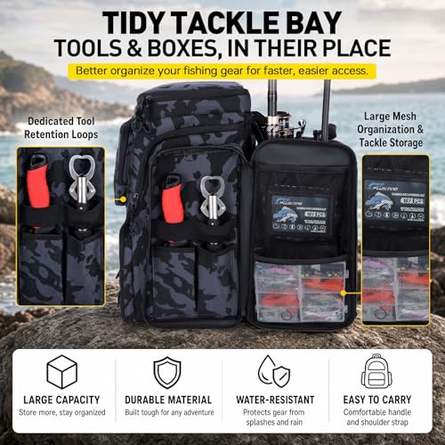Fishing Tackle Backpack with Rod Holders (Black Camouflage.)