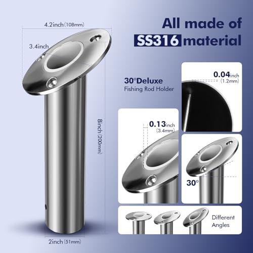 2Pcs Rod Holders for Fishing Boat (Silver - White Insert / 30 Degree without Cap)
