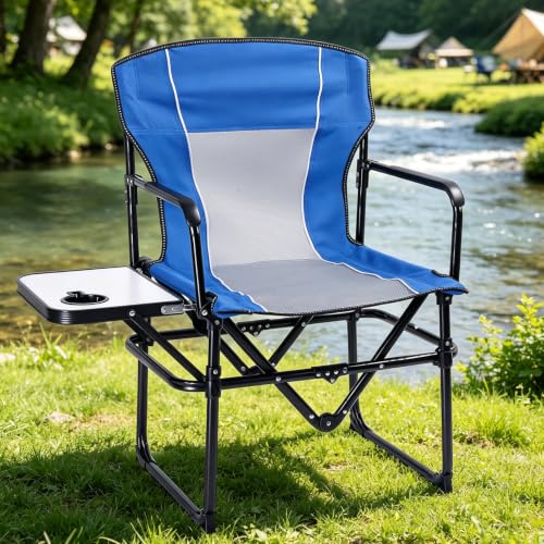 2 Pack Camping Chairs with Side Table & Cup Holder 400 lbs (Blue)