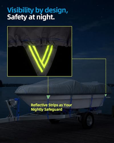 1200D Bass Fishing Boat Cover Waterproof with Reflective Strips (Gray / For 17'-19' Length, Beam Width up to 96")